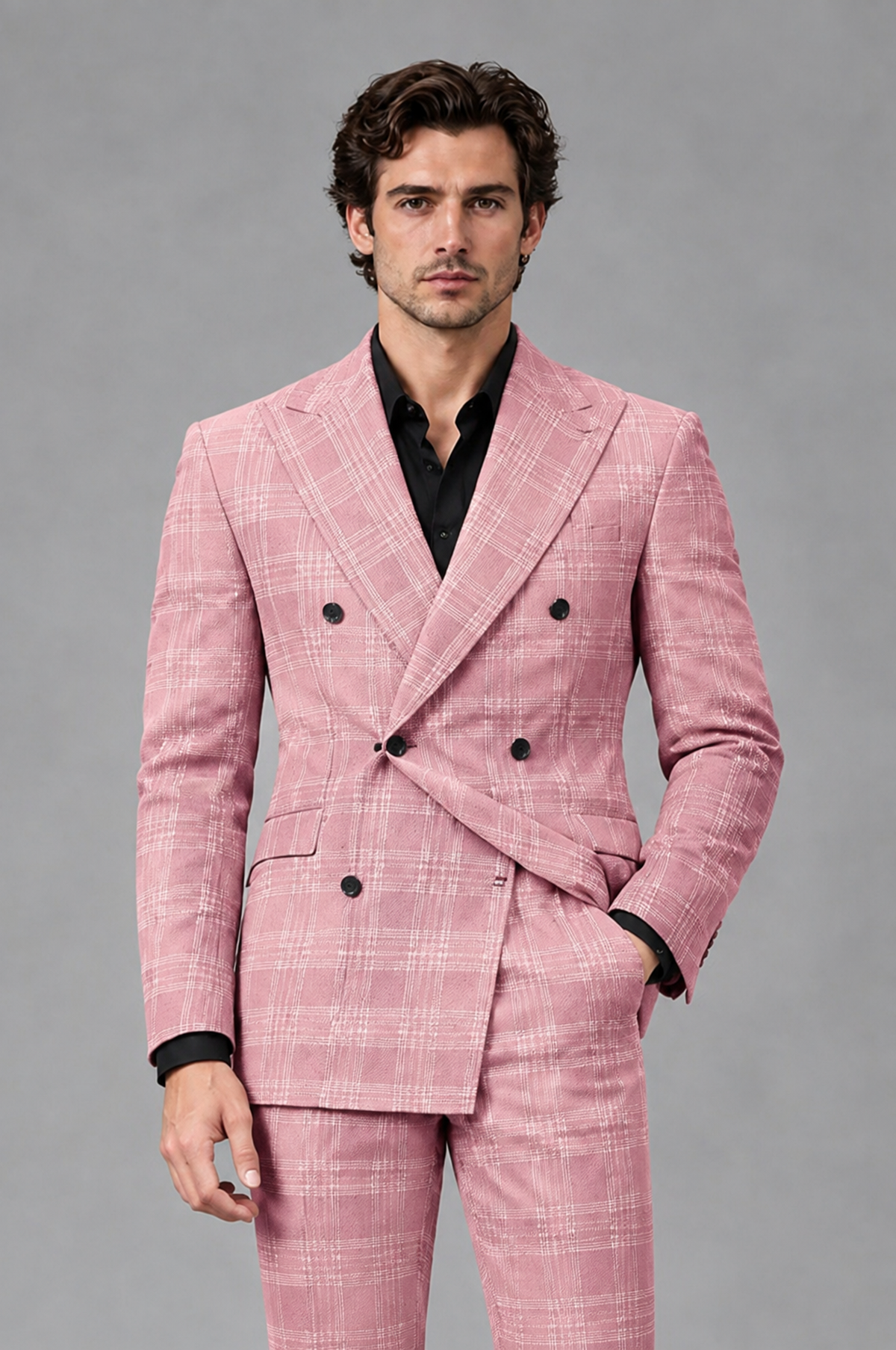 Savile Men's Rust Plaid 2-Piece Double-Breasted Suit – Peak Lapel Slim-Fit Jacket & Trousers Set - Pink - Pink