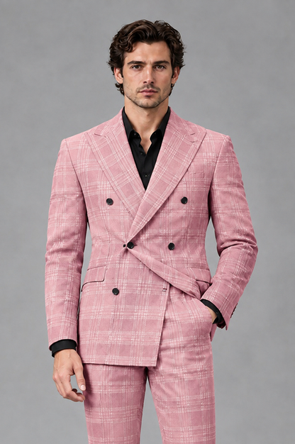 Savile Men's Rust Plaid 2-Piece Double-Breasted Suit – Peak Lapel Slim-Fit Jacket & Trousers Set - Pink - Pink