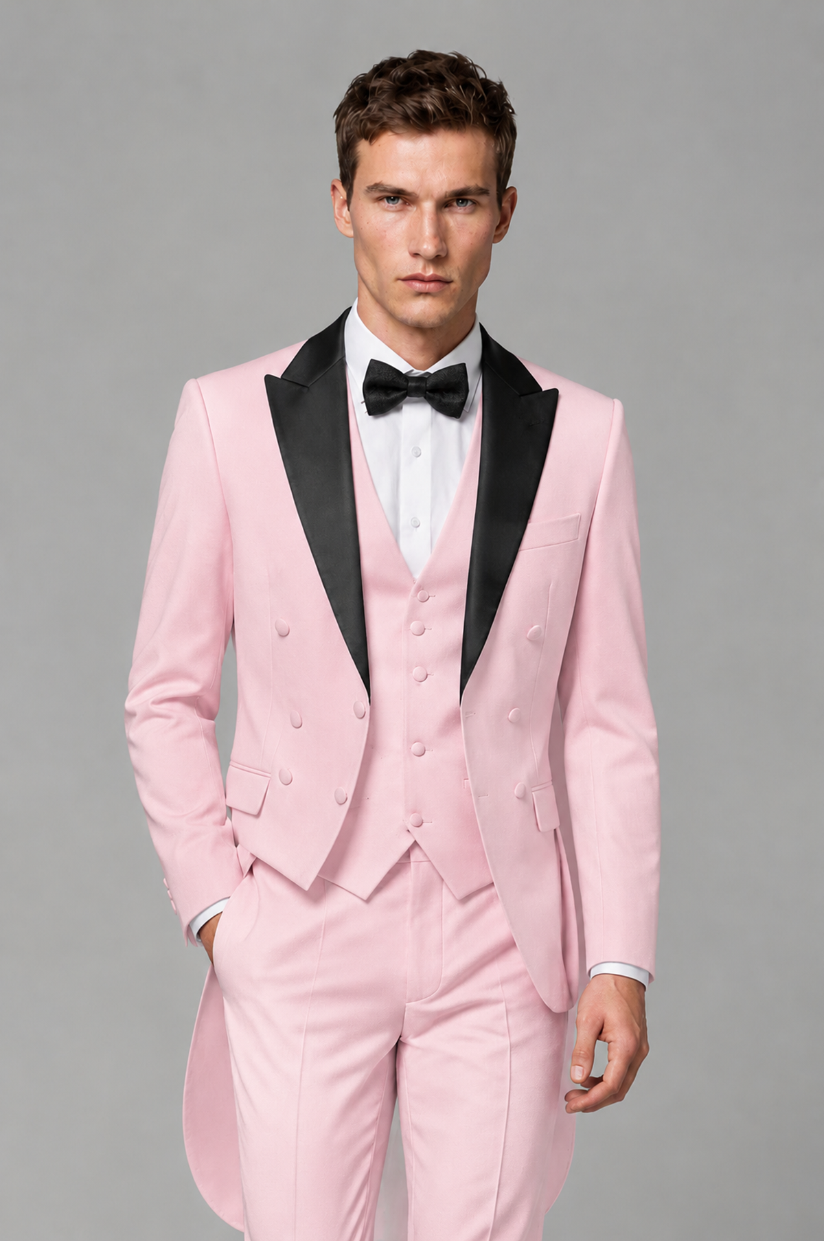 Savile Pink 3-Piece Tailcoat Tuxedo Suit with Black Peak Lapel - Pink - Pink_01