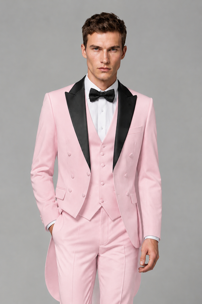 Savile Pink 3-Piece Tailcoat Tuxedo Suit with Black Peak Lapel - Pink - Pink_01