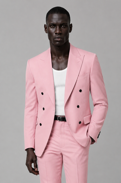 Savile Men's Pink Double Breasted Slim Fit 2-Piece Suit Set – Blazer & Trousers | Wedding Gala Formal - Pink - Pink_01