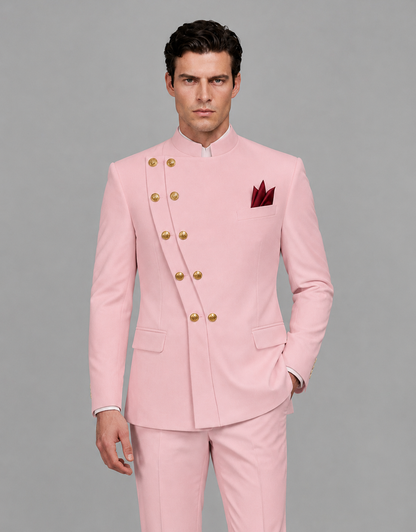 BOLODOO Men's Pink Asymmetrical Mandarin Collar Tuxedo Suit – Modern 2-Piece Gold Button Wedding, Prom & Gala Set - Pink - Pink_01