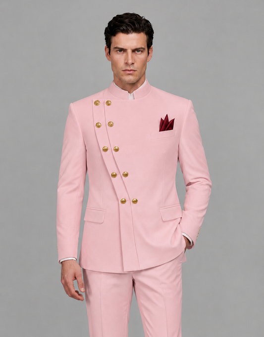 BOLODOO Men's Pink Asymmetrical Mandarin Collar Tuxedo Suit – Modern 2-Piece Gold Button Wedding, Prom & Gala Set - Pink - Pink_01