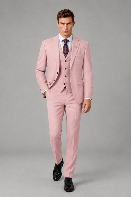 Savile Men's Grey Notch Lapel 3-Piece Suit Set | Jacket, Vest & Trousers - Pink - Pink