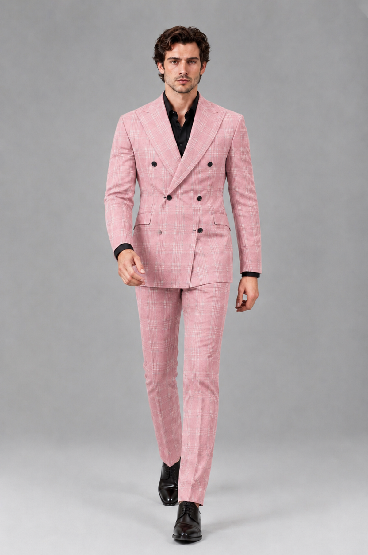 Savile Men's Rust Plaid 2-Piece Double-Breasted Suit – Peak Lapel Slim-Fit Jacket & Trousers Set - Pink - Pink