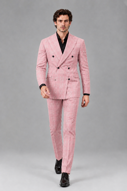 Savile Men's Rust Plaid 2-Piece Double-Breasted Suit – Peak Lapel Slim-Fit Jacket & Trousers Set - Pink - Pink