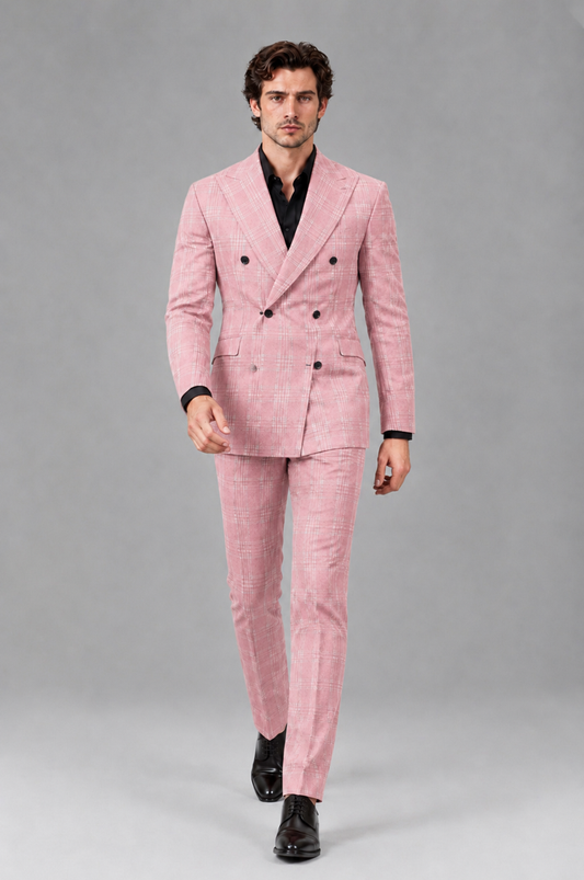 Savile Men's Rust Plaid 2-Piece Double-Breasted Suit – Peak Lapel Slim-Fit Jacket & Trousers Set - Pink - Pink