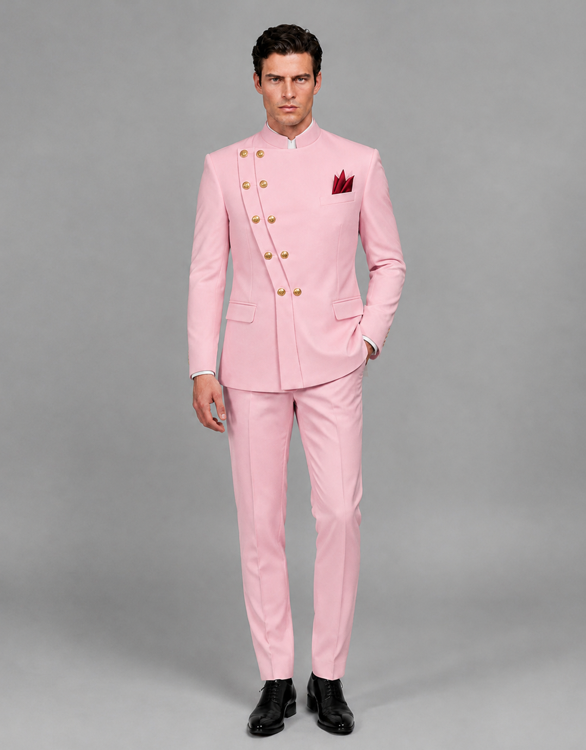 BOLODOO Men's Pink Asymmetrical Mandarin Collar Tuxedo Suit – Modern 2-Piece Gold Button Wedding, Prom & Gala Set - Pink - Pink_02