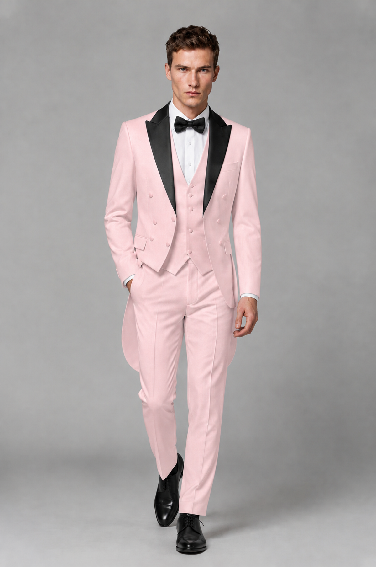 Savile Pink 3-Piece Tailcoat Tuxedo Suit with Black Peak Lapel - Pink - Pink_02