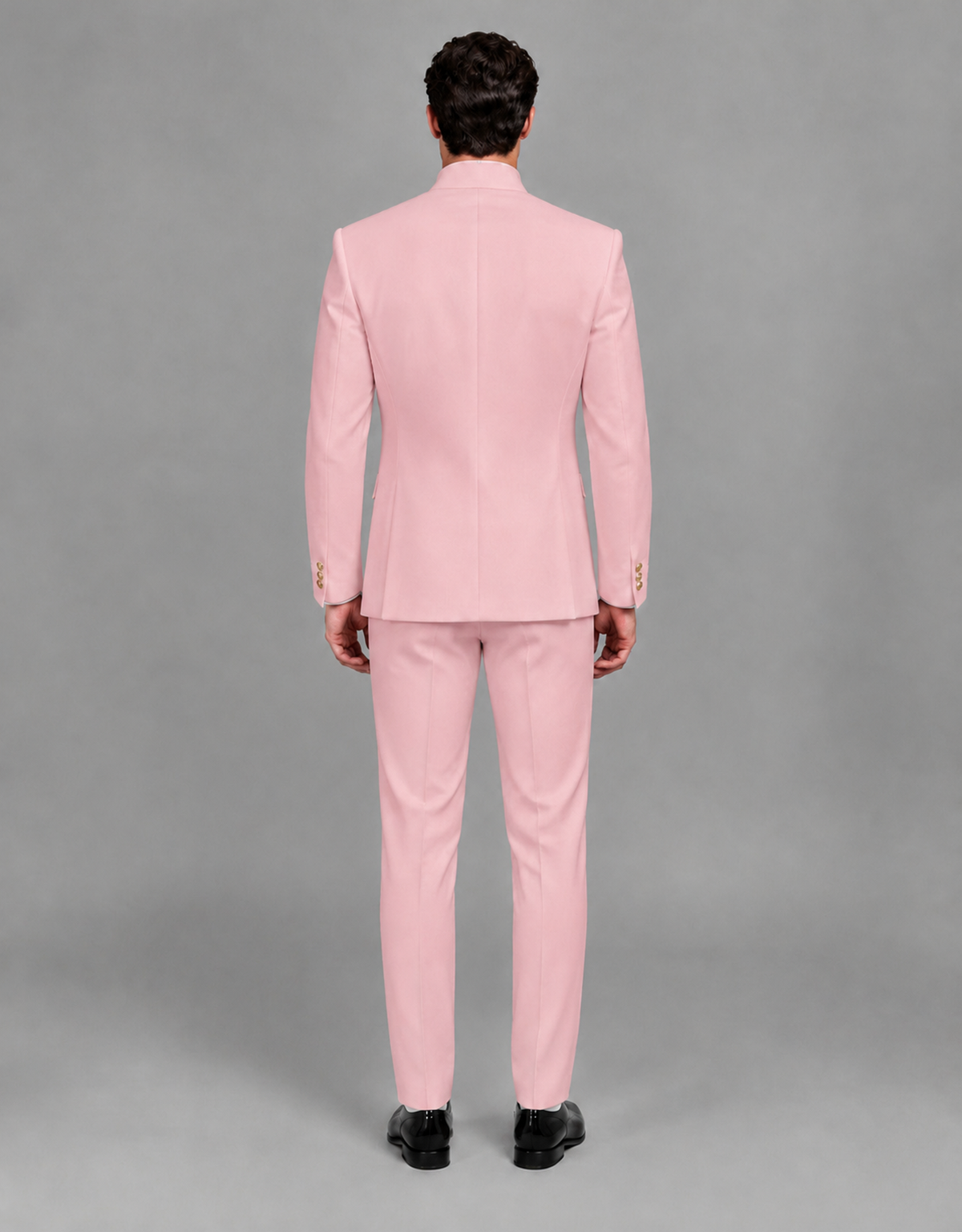 BOLODOO Men's Pink Asymmetrical Mandarin Collar Tuxedo Suit – Modern 2-Piece Gold Button Wedding, Prom & Gala Set - Pink - Pink_03