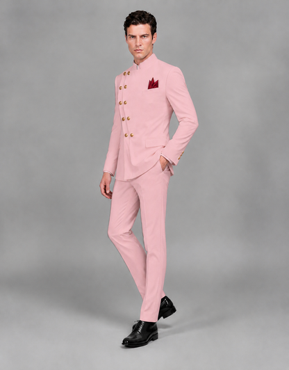 BOLODOO Men's Pink Asymmetrical Mandarin Collar Tuxedo Suit – Modern 2-Piece Gold Button Wedding, Prom & Gala Set - Pink - Pink_04