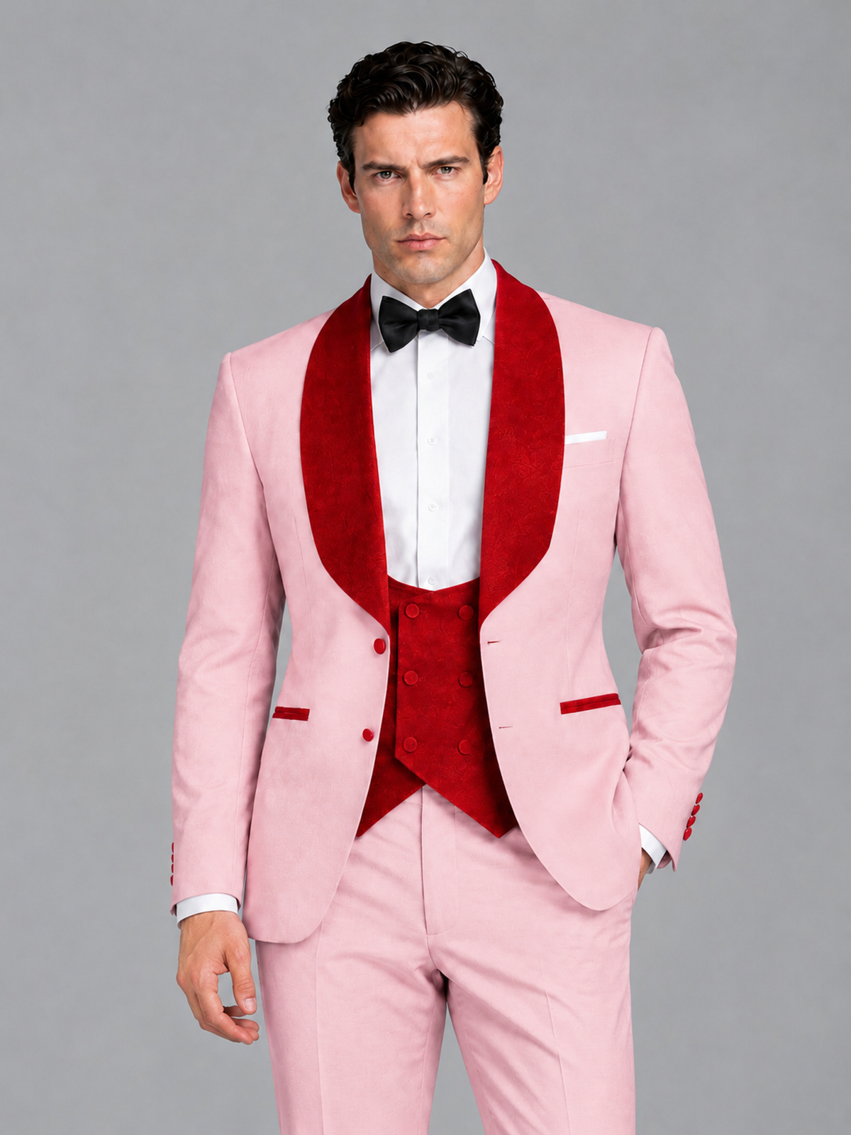 Savile Men's Pink 3-Piece Tuxedo Suit Set – Contrast Red Shawl Lapel Blazer, Red Waistcoat & Trousers - SUC020 - Pink
