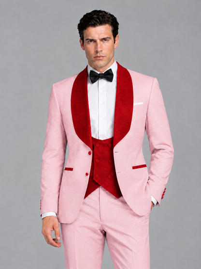 Savile Men's Pink 3-Piece Tuxedo Suit Set – Contrast Red Shawl Lapel Blazer, Red Waistcoat & Trousers - SUC020 - Pink