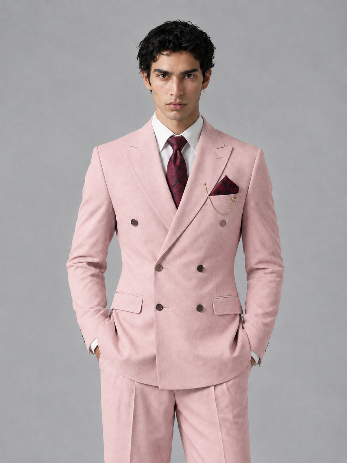 Savile Men's Pink Double-Breasted 2-Piece Suit Set – Peak Lapel Blazer & Pleated Wide-Leg Trousers - Pink - Pink_1