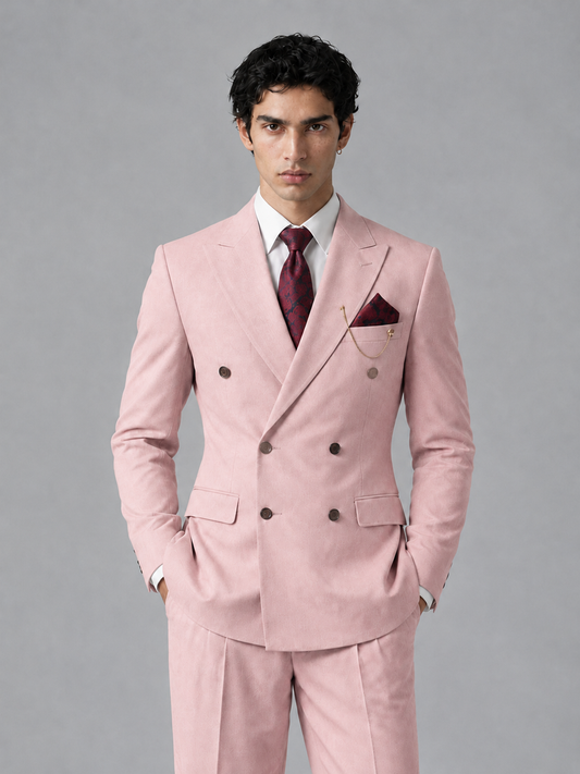Savile Men's Pink Double-Breasted 2-Piece Suit Set – Peak Lapel Blazer & Pleated Wide-Leg Trousers - Pink - Pink_1
