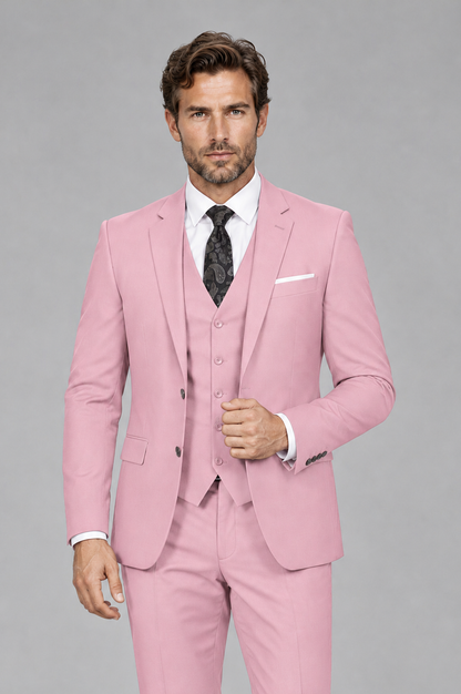 Savile Men's Pink 3-Piece Suit Set – Notch Lapel Blazer, Vest & Trousers - Pink - Pink_1