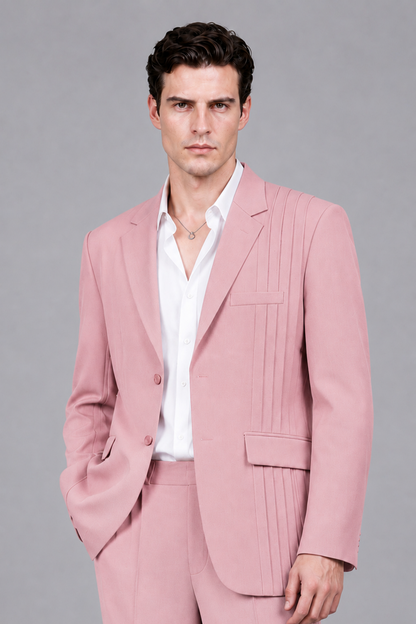 Savile Men's Pink Pleated 2-Piece Suit Set | Notch Lapel Blazer & Tailored Trousers - Pink - Pink_1