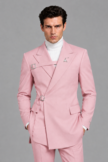 Savile Men's Pink Double Buckle Wrap Belted 2-Piece Suit Set – Peak Lapel Slim-Fit Jacket & Trousers - Pink - Pink_1