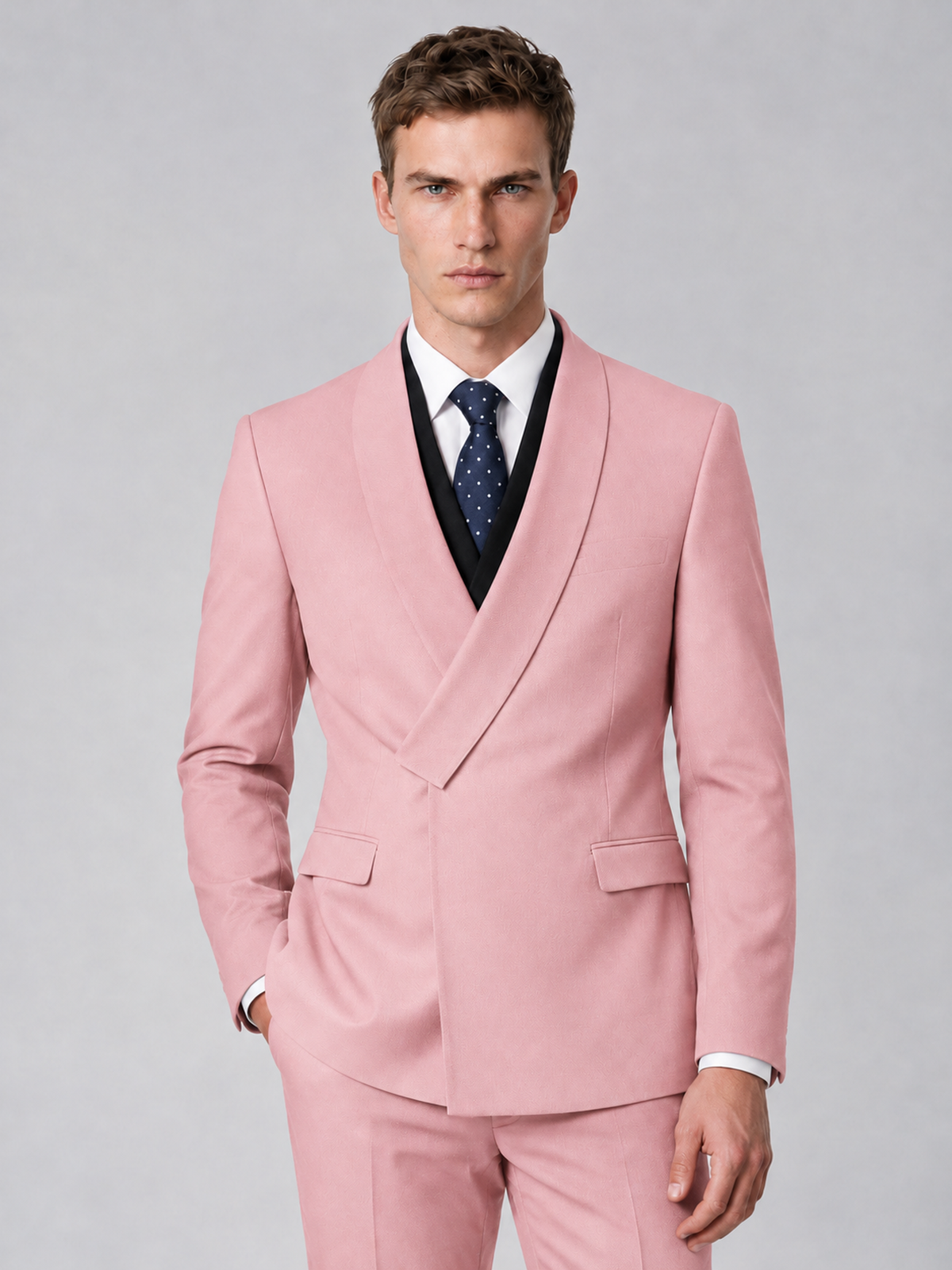 Savile Men's Pink Wrap Shawl Lapel 2-Piece Suit Set – Modern Jacket & Trousers - Pink - Pink_1