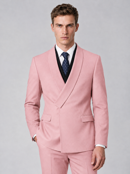 Savile Men's Pink Wrap Shawl Lapel 2-Piece Suit Set – Modern Jacket & Trousers - Pink - Pink_1