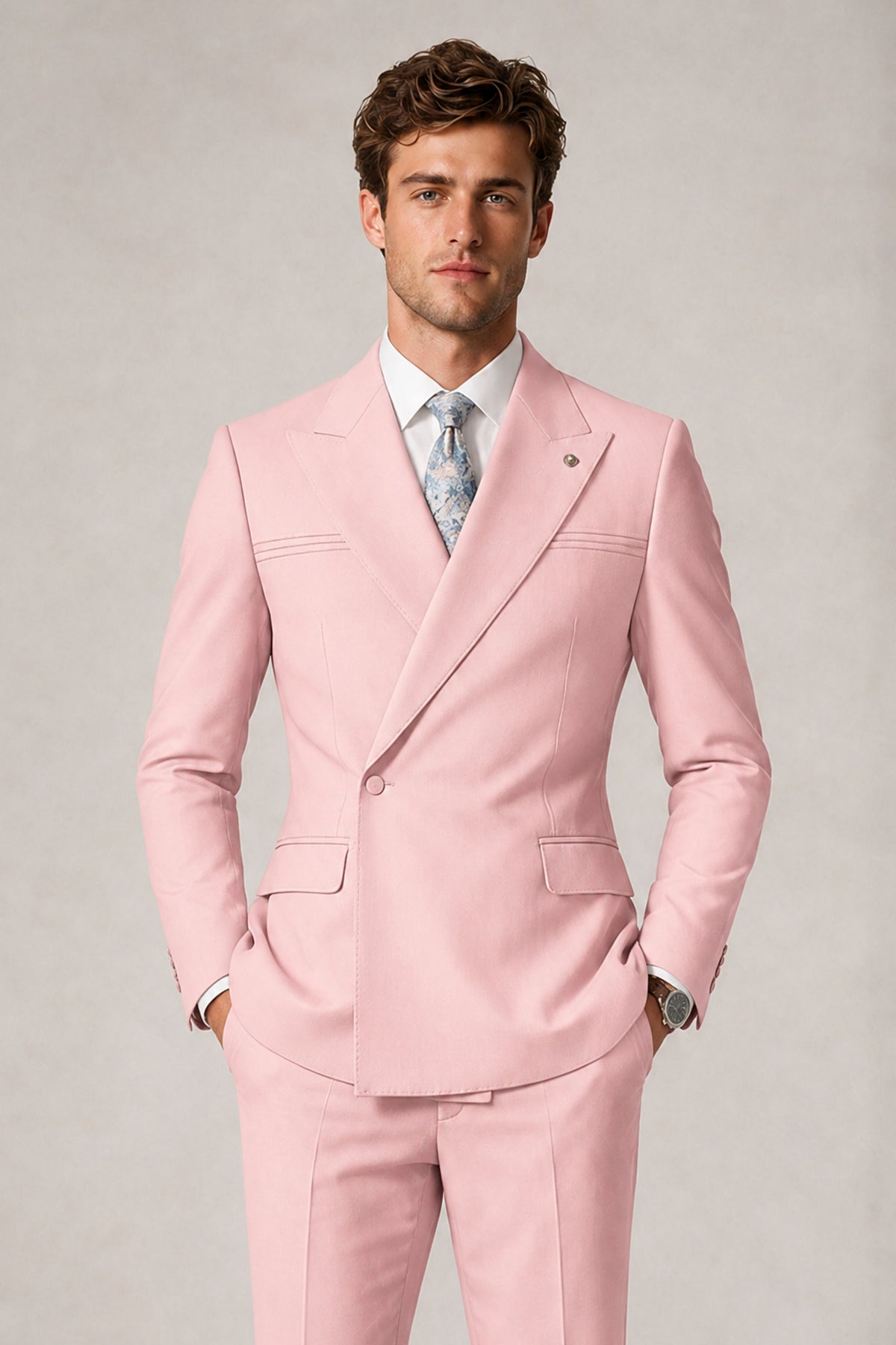Savile Men's Pink Double-Breasted Slim Fit 2-Piece Suit Set – Peak Lapel Blazer & Cuffed Trousers | Wedding Prom Formal - Pink