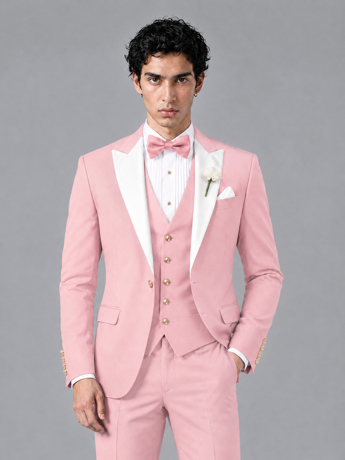 Savile Men's Pink Contrast White Peak Lapel 3-Piece Tuxedo Suit - Pink