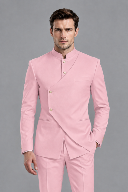 Savile Men's Pink Asymmetrical Mandarin Collar Tuxedo Suit – Modern 2-Piece Gold Button Wedding, Prom & Gala Set - Pink - Pink_1