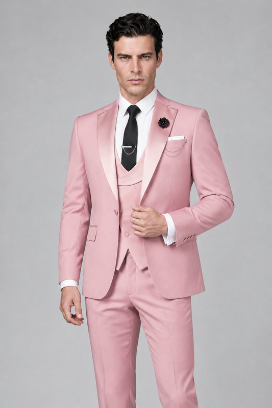 Savile Men's Pink 3-Piece Tuxedo Suit – Contrast Silver Peak Lapel & Grey Vest Formal Set - Pink - Pink_1