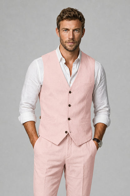 Men's Pink Linen Blend Single-Breasted V-Neck Suit Vest | Savile QX0101 - Pink