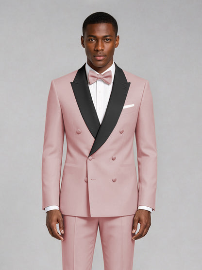 Men's Pink Double-Breasted Tuxedo Suit – Satin Shawl Lapel Pink-Tie Wedding & Gala 2-Piece Set - Pink