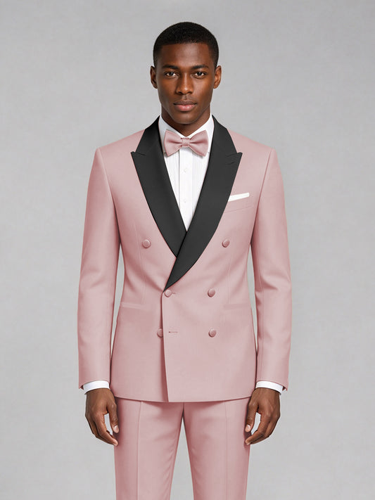 Men's Pink Double-Breasted Tuxedo Suit – Satin Shawl Lapel Pink-Tie Wedding & Gala 2-Piece Set - Pink