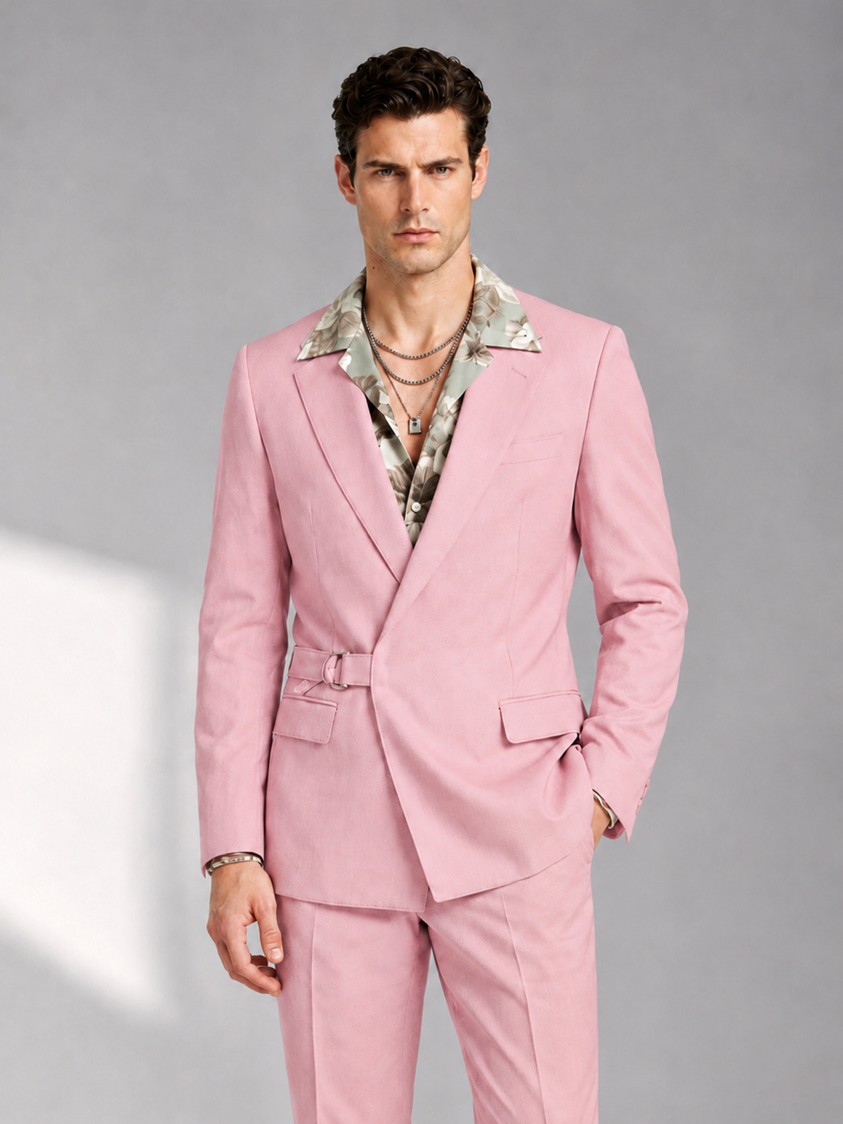 Savile Men's Pink Belted Wrap 2-Piece Suit – Peak Lapel Blazer & Tailored Trousers - SUC060 - Pink - Pink_1