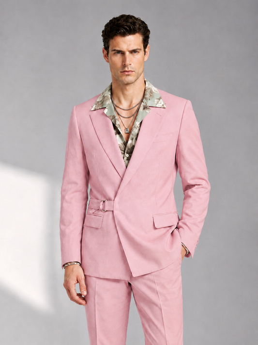 Savile Men's Pink Belted Wrap 2-Piece Suit – Peak Lapel Blazer & Tailored Trousers - SUC060 - Pink - Pink_1