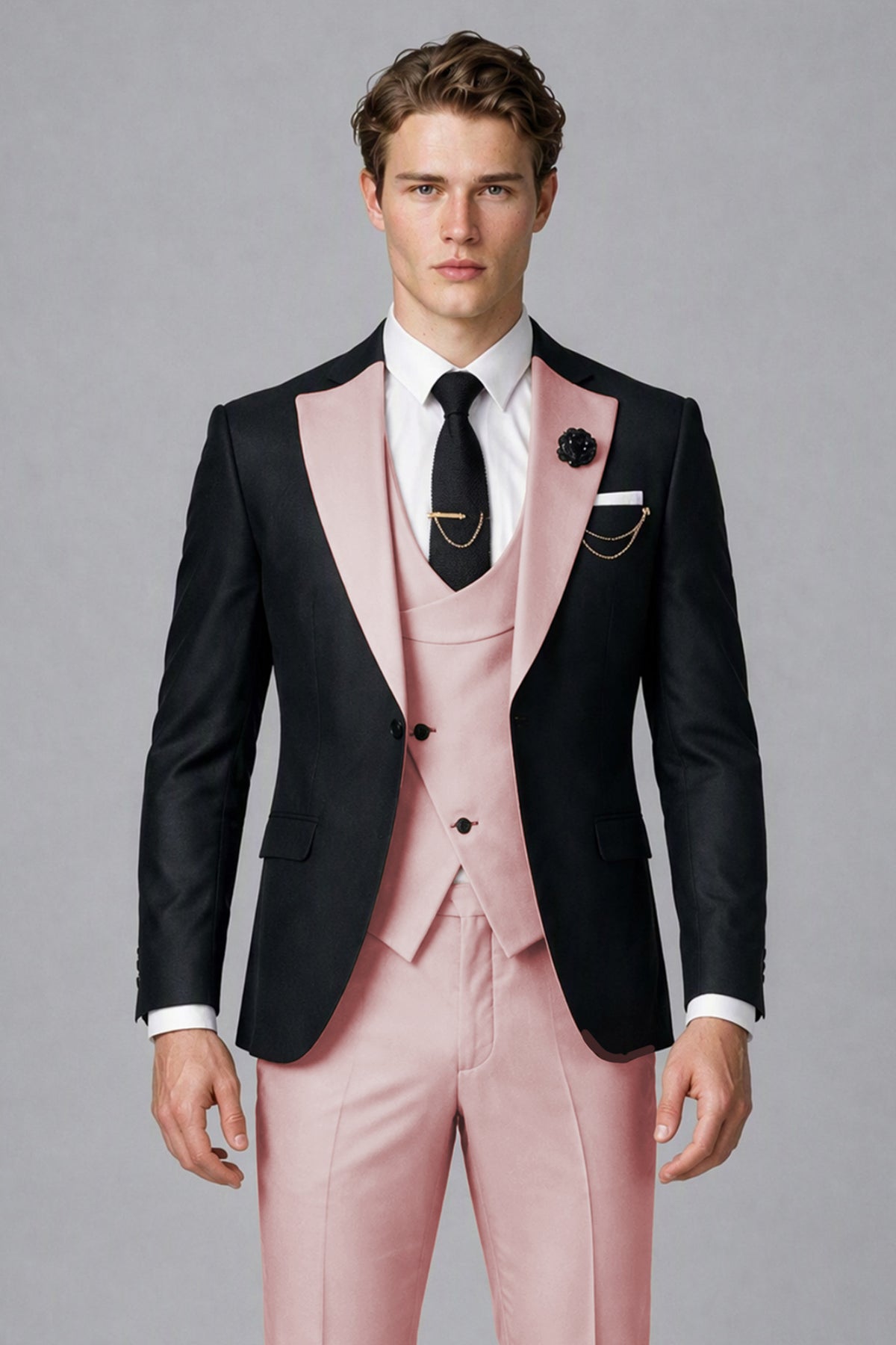Savile Men's Black & Pink Three-Piece Wedding Suit - Pink