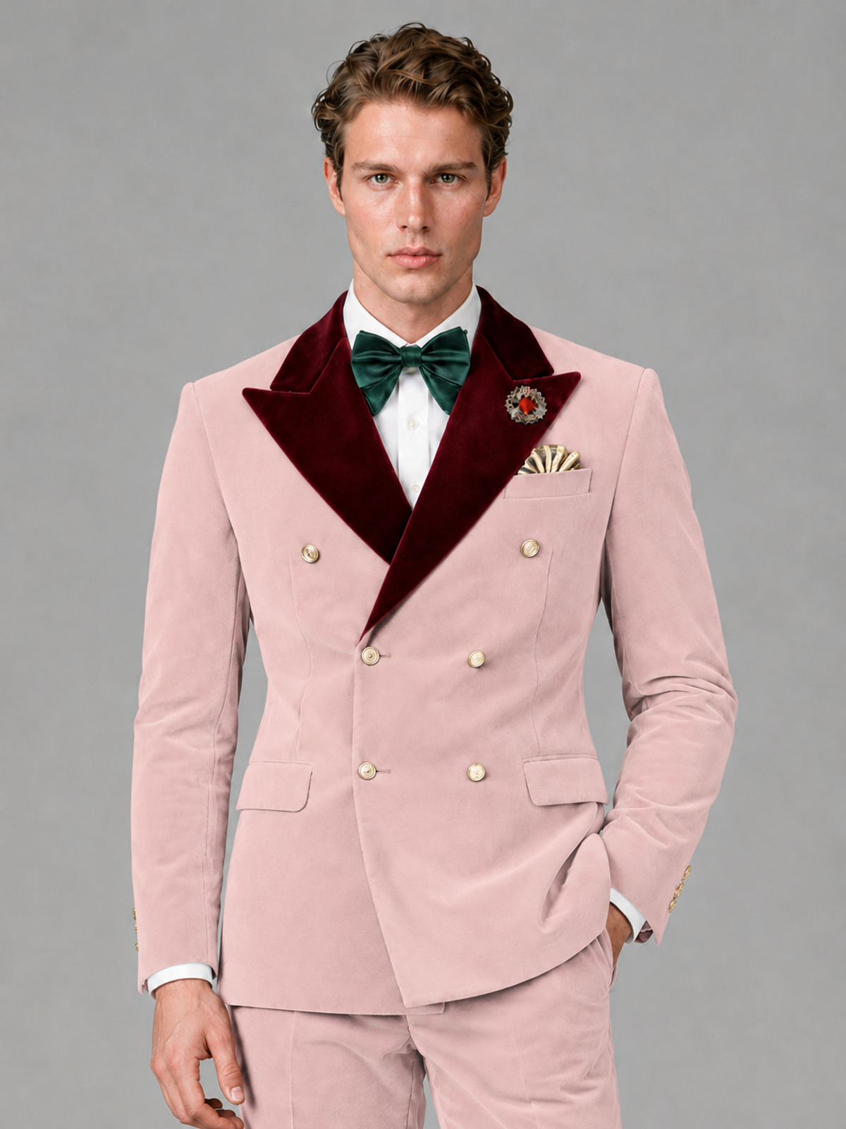 Savile Men's Pink Velvet Double-Breasted 2-Piece Tuxedo Suit with Burgundy Peak Lapel - Pink