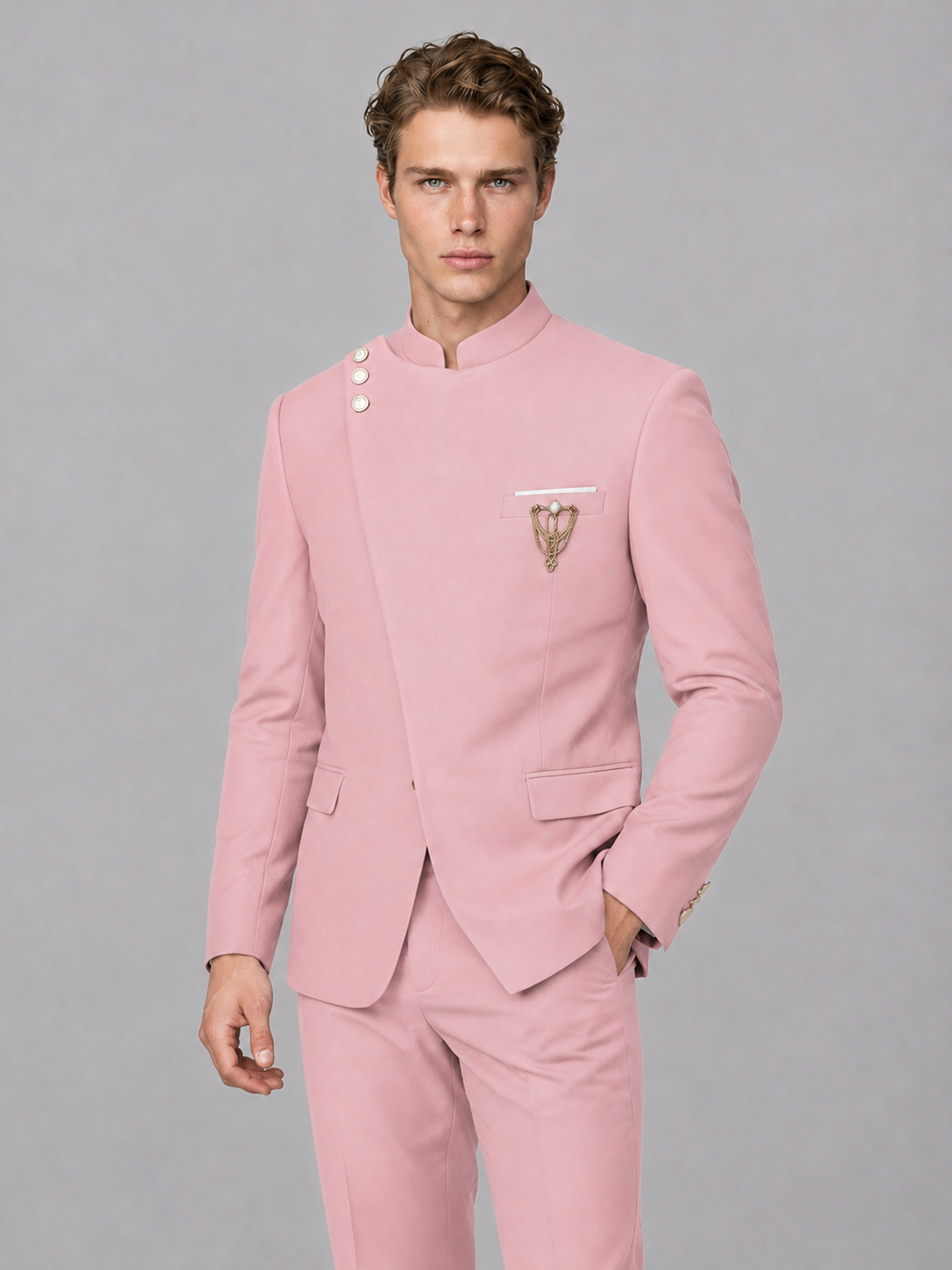 Savile Men's Pink Mandarin Collar Asymmetrical 2-Piece Suit Set – Modern Jacket & Trousers - Pink - Pink_1