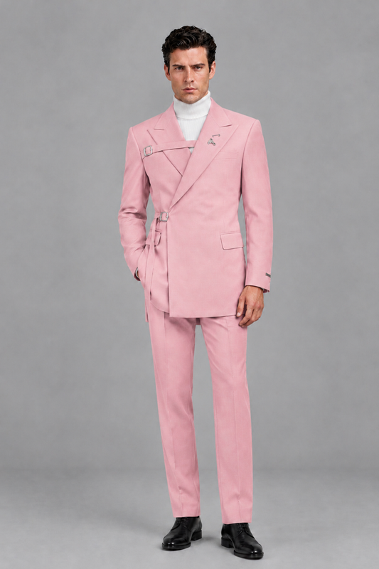 Savile Men's Pink Double Buckle Wrap Belted 2-Piece Suit Set – Peak Lapel Slim-Fit Jacket & Trousers - Pink - Pink_2