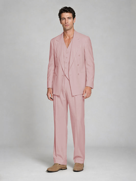 Men's Pink Double-Breasted 2-Piece Suit – Peak Lapel Wedding & Beach Formal Set with Vest - Pink