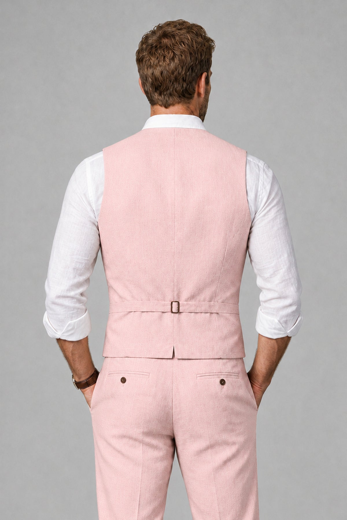 Men's Pink Linen Blend Single-Breasted V-Neck Suit Vest | Savile QX0101 - Pink