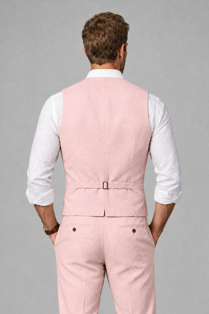 Men's Pink Linen Blend Single-Breasted V-Neck Suit Vest | Savile QX0101 - Pink