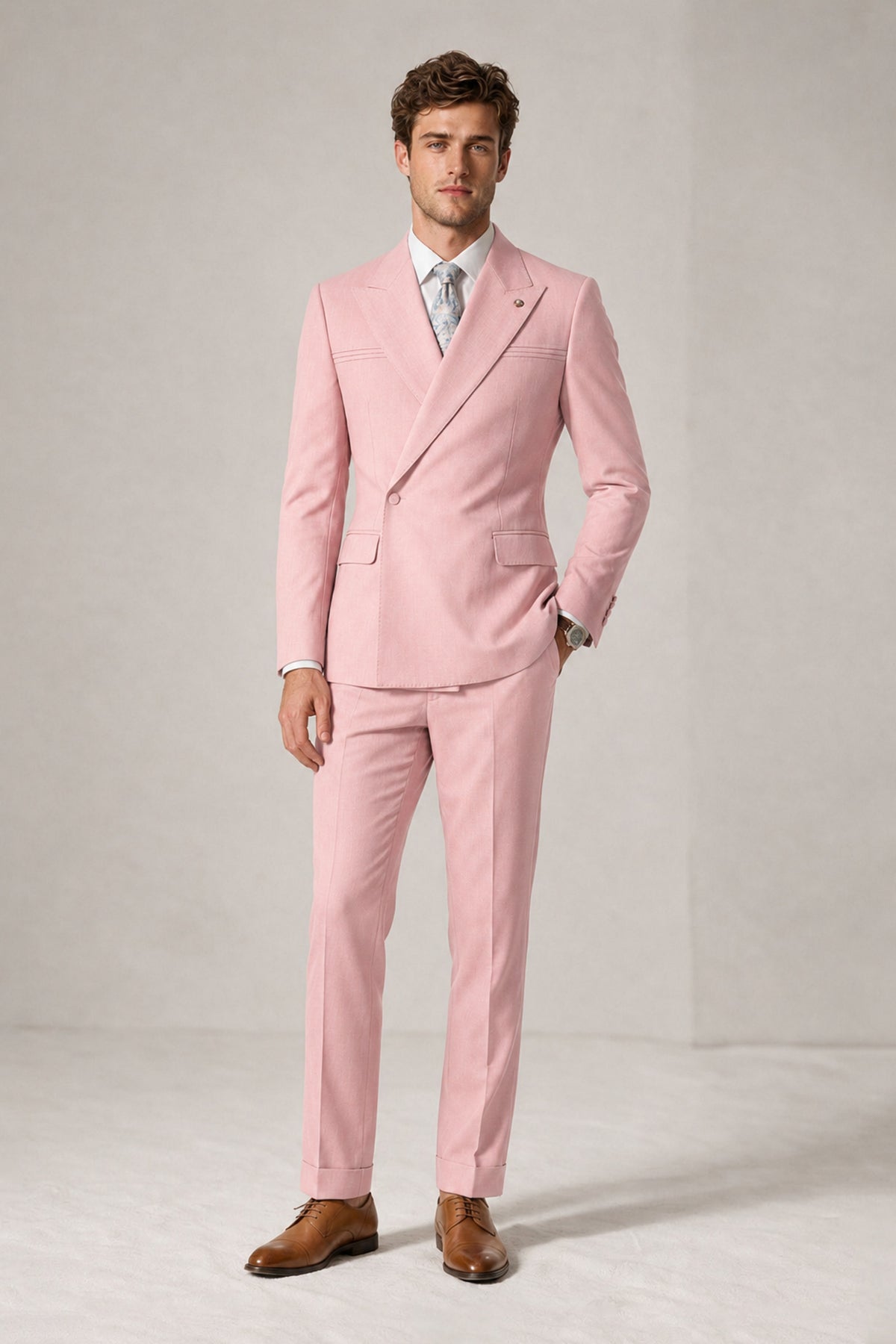 Savile Men's Pink Double-Breasted Slim Fit 2-Piece Suit Set – Peak Lapel Blazer & Cuffed Trousers | Wedding Prom Formal - Pink