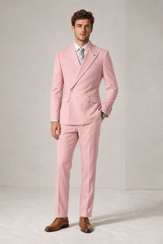 Savile Men's Pink Double-Breasted Slim Fit 2-Piece Suit Set – Peak Lapel Blazer & Cuffed Trousers | Wedding Prom Formal - Pink