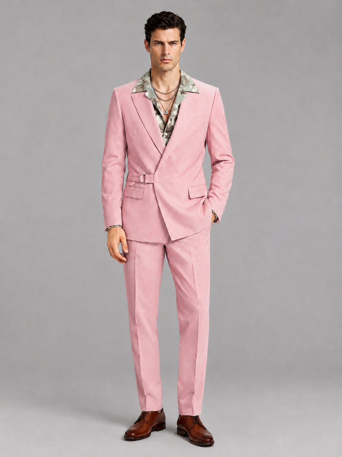 Savile Men's Pink Belted Wrap 2-Piece Suit – Peak Lapel Blazer & Tailored Trousers - SUC060 - Pink - Pink_2