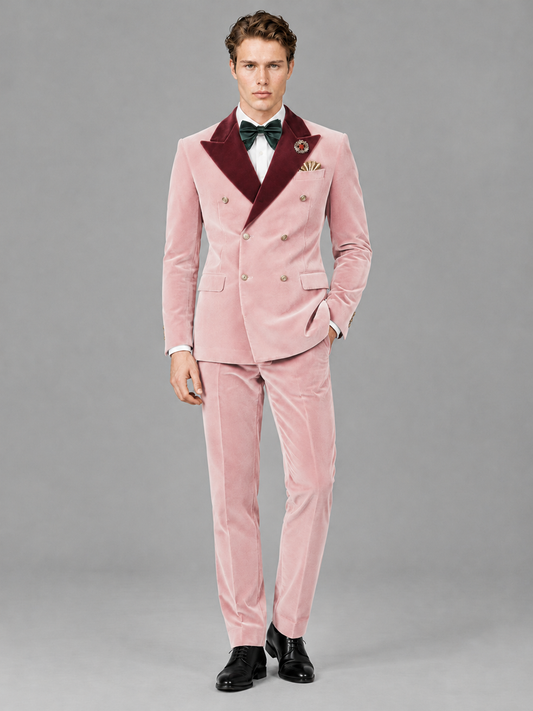 Savile Men's Pink Velvet Double-Breasted 2-Piece Tuxedo Suit with Burgundy Peak Lapel - Pink