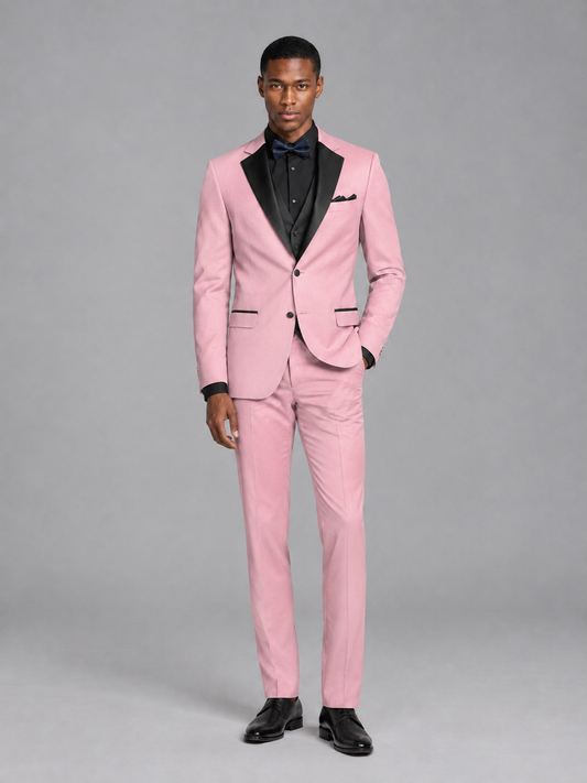 Savile Men's Pink Contrast Shawl Lapel Tuxedo Suit – 3-Piece Wedding, Prom & Black-Tie Formal Set - Pink - Pink_2