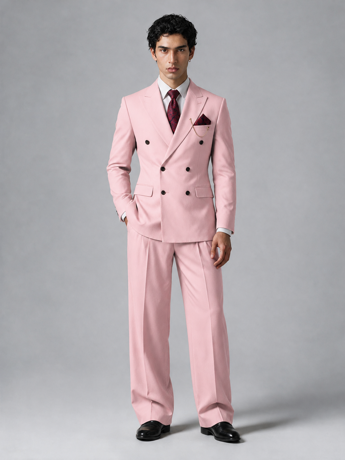 Savile Men's Pink Double-Breasted 2-Piece Suit Set – Peak Lapel Blazer & Pleated Wide-Leg Trousers - Pink - Pink_2