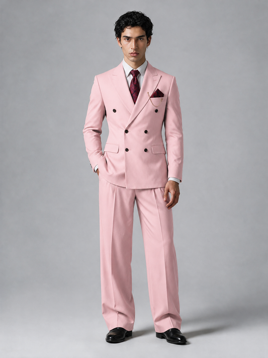 Savile Men's Pink Double-Breasted 2-Piece Suit Set – Peak Lapel Blazer & Pleated Wide-Leg Trousers - Pink - Pink_2