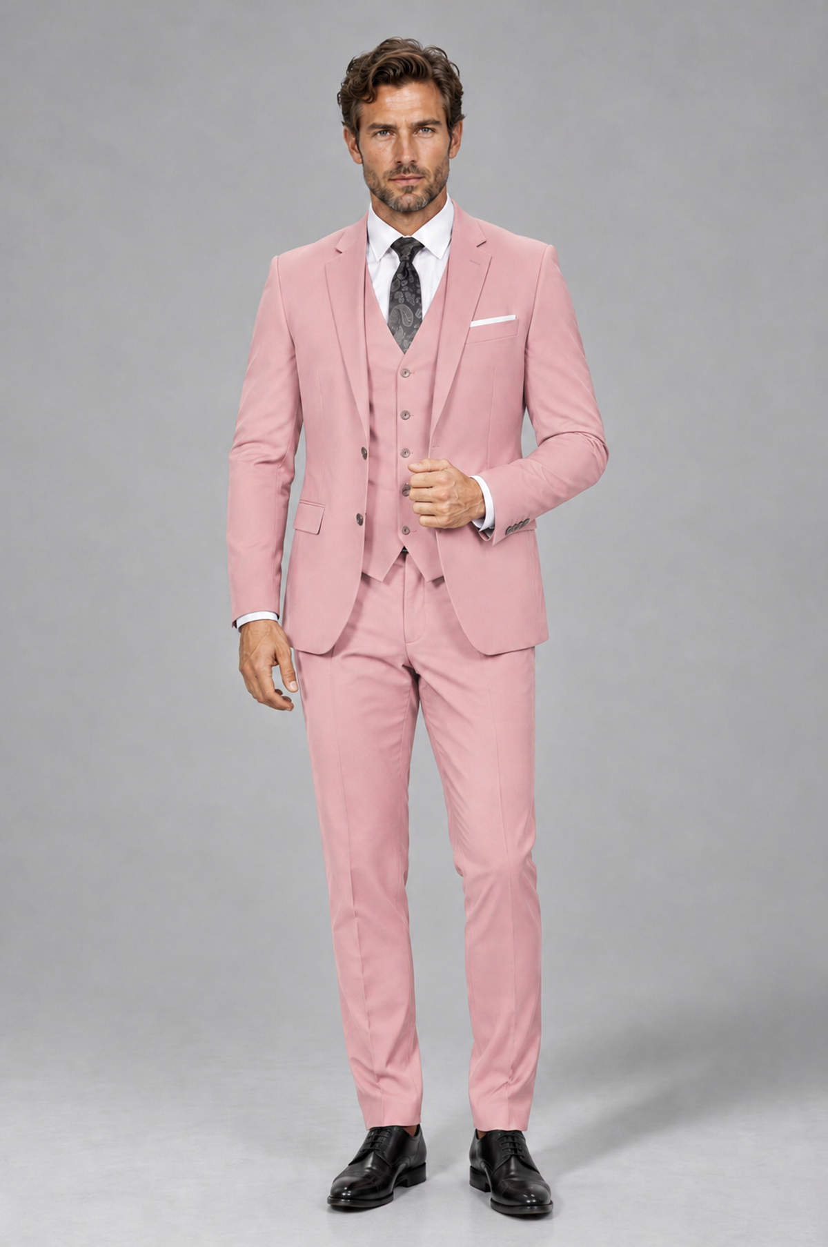 Savile Men's Pink 3-Piece Suit Set – Notch Lapel Blazer, Vest & Trousers - Pink - Pink_2