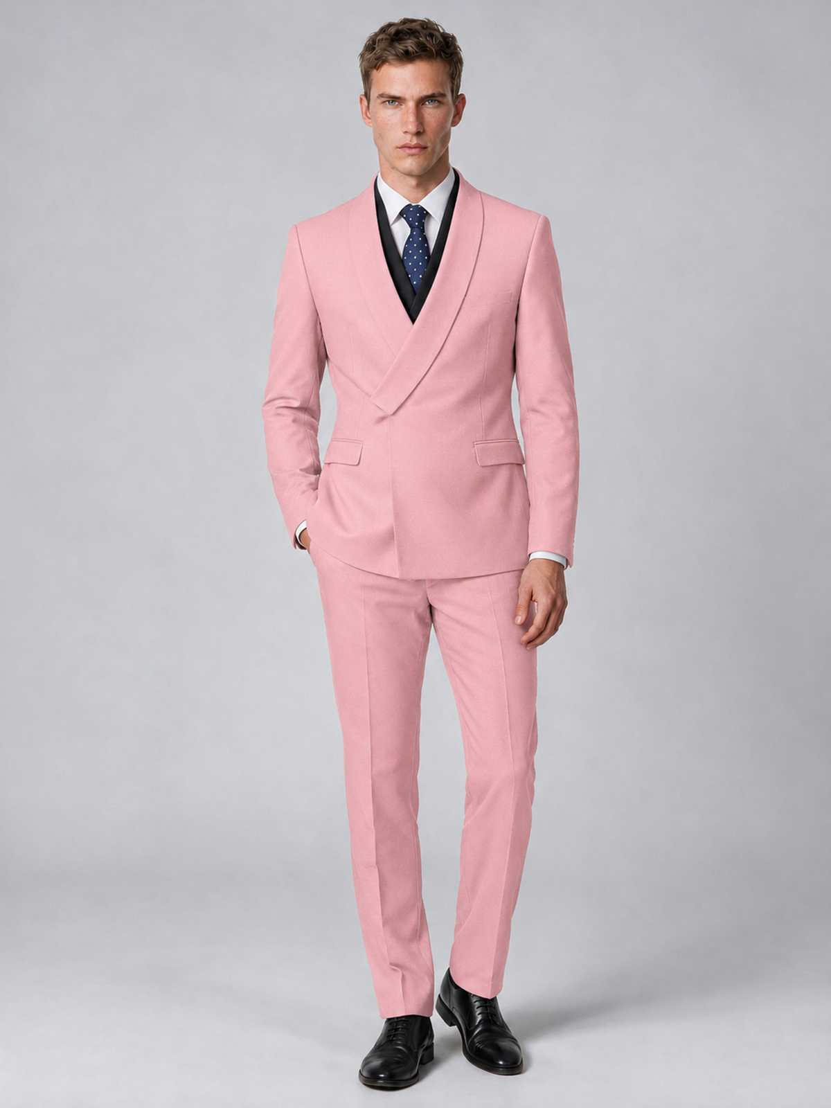 Savile Men's Pink Wrap Shawl Lapel 2-Piece Suit Set – Modern Jacket & Trousers - Pink - Pink_2