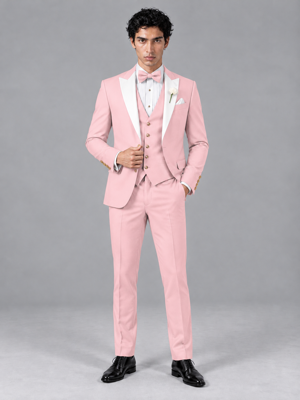 Savile Men's Pink Contrast White Peak Lapel 3-Piece Tuxedo Suit - Pink